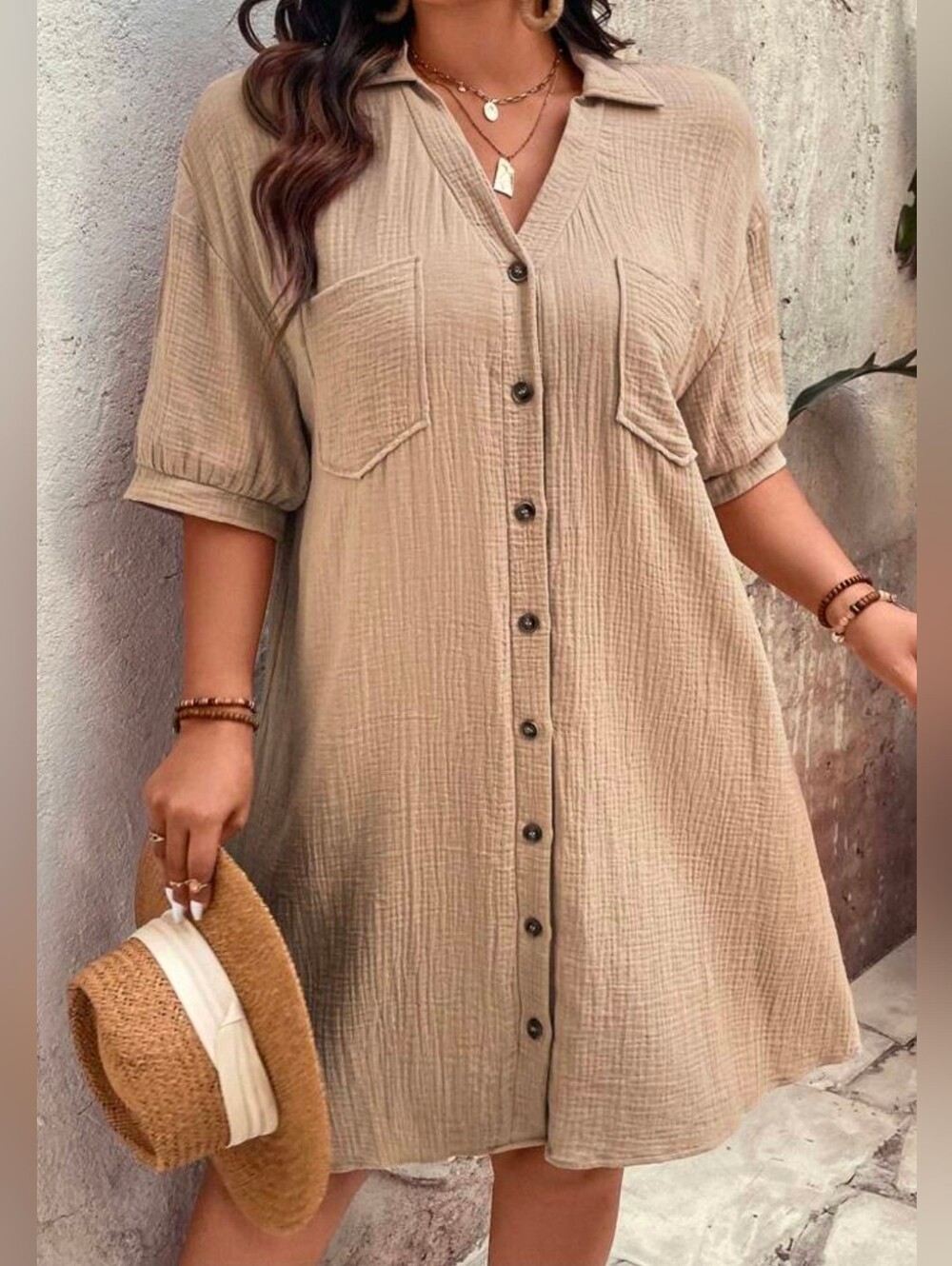 New Textured Cotton Button Down Shirt Dress PLUS Pockets Camel Tan